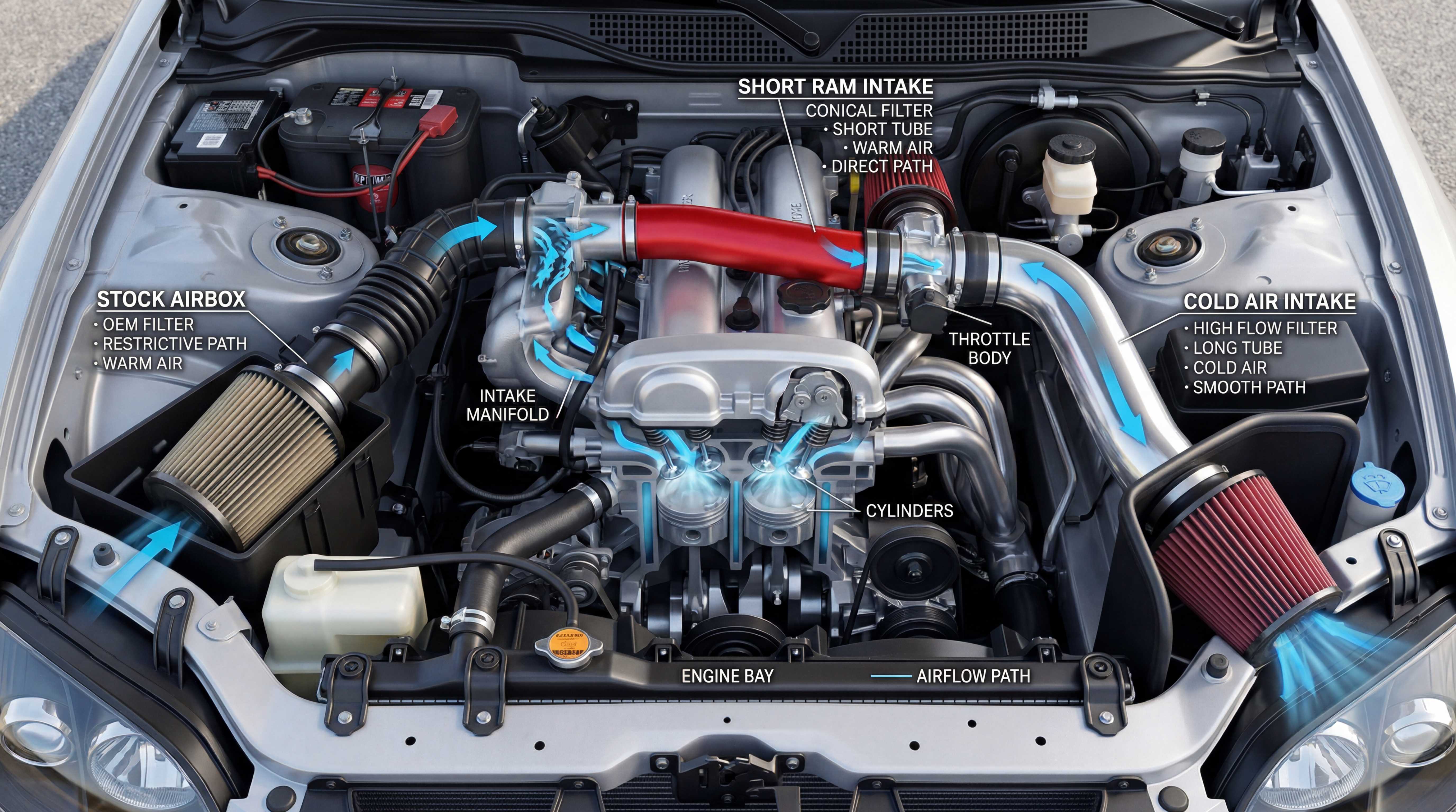 Engine bay comparison of stock airbox, short ram intake and cold air intake with airflow paths and filter positions